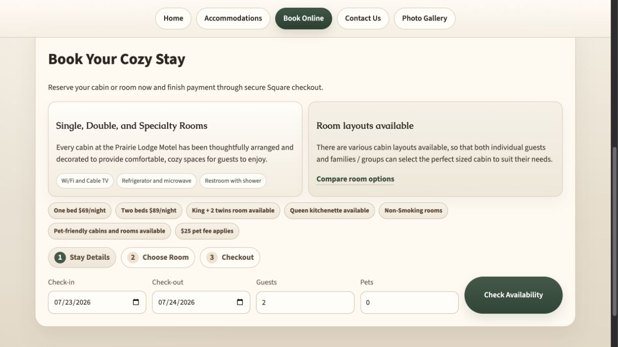 Prairie Lodge Motel public booking calendar