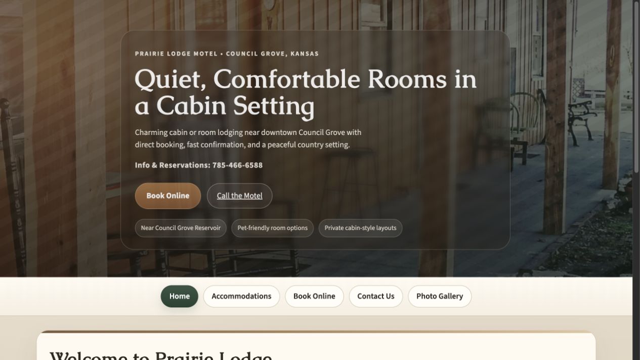 Prairie Lodge Motel public website homepage
